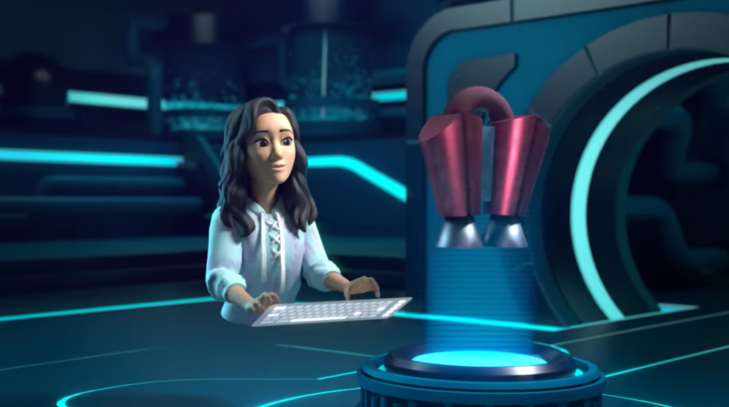 Eine weibliche Avatar-Figur mit einer Tastatur vor einem Hintergrund.