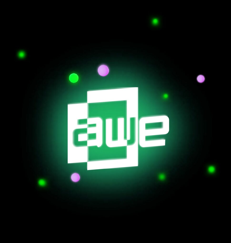 WE logo with glowing orbs on a black background.