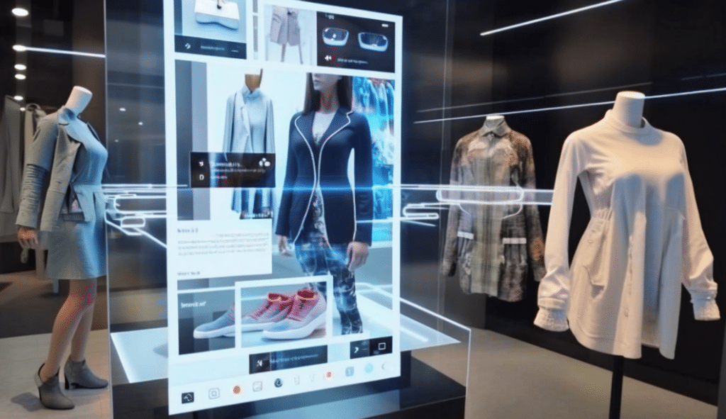 Ein Bildschirm in einem Modegeschäft zeigt Kleidungsstücke in Augmented Reality.