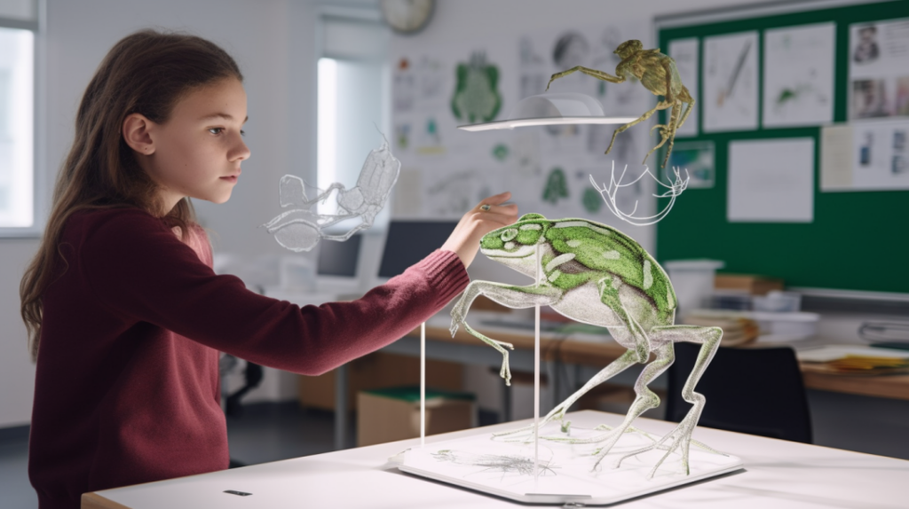 A student exploring a frog in AR as part of an augmented reality educational experience.