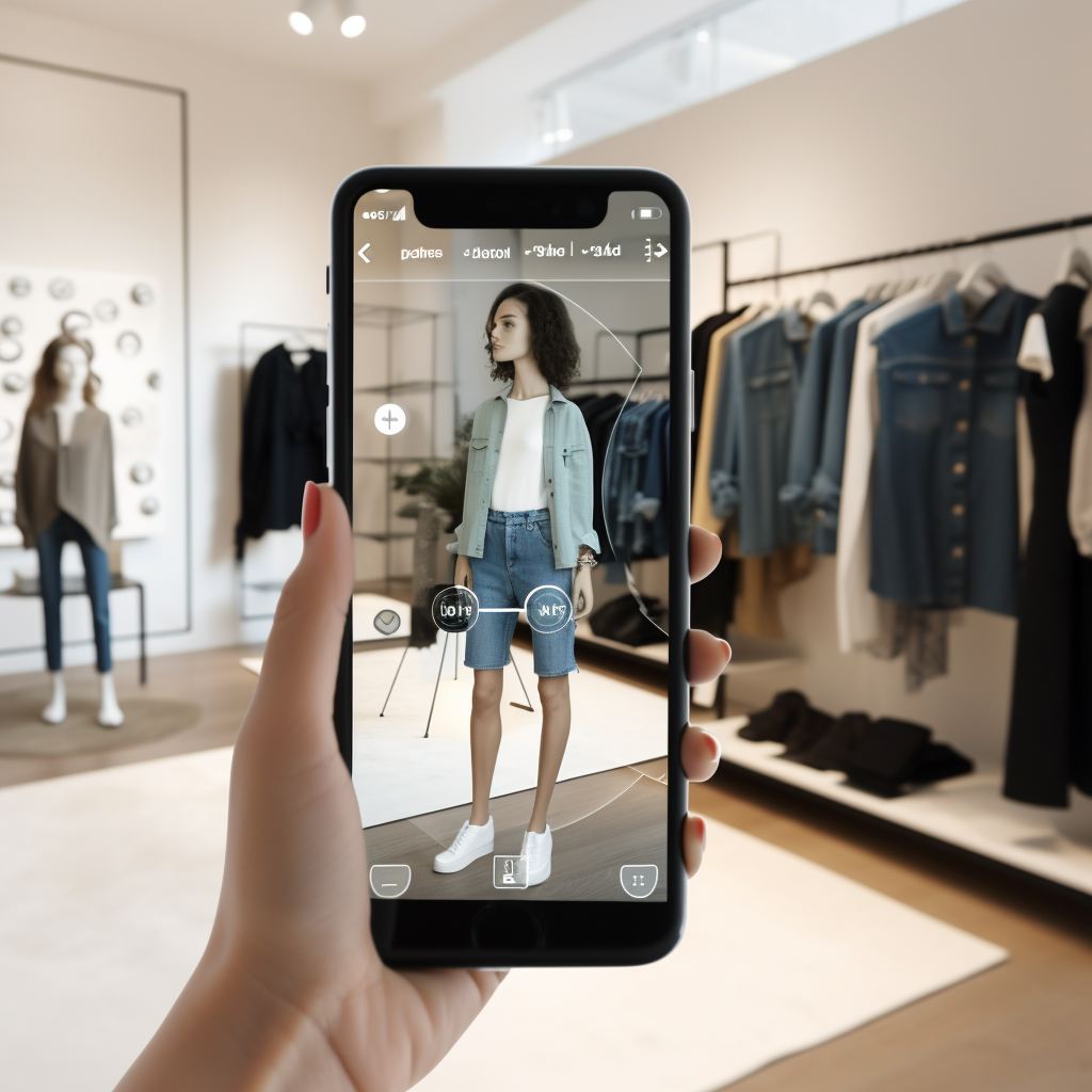 Eine Hand hält ein Handy und zeigt ein Augmented Reality-Modell eines Kleidungsstücks in einem Kleidungsgeschäft