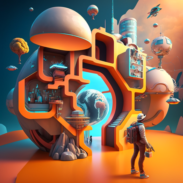 Guy inside a Metaverse 3D world with VR glasses