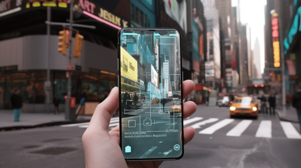Ein Mobiltelefon zeigt WebAR-Elemente auf dem Bildschirm auf der Straße.